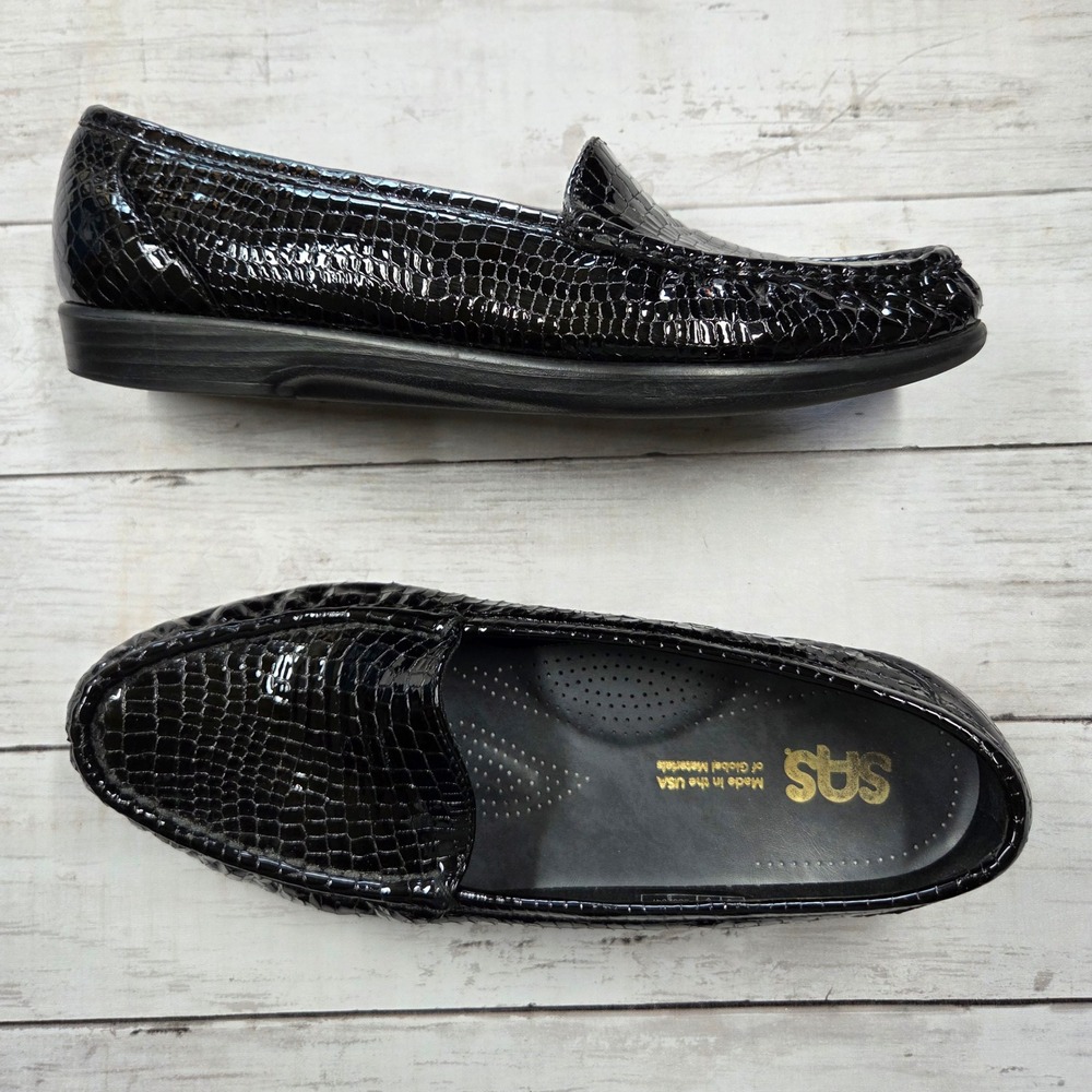 SAS Loafers Womens 10 W Black Patent Croc Embossed Leather Comfort Shoes
